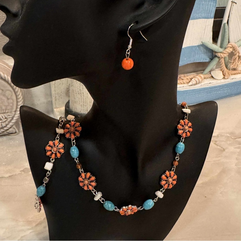 3pc handcrafted Floral Orange Blue Necklace, Earring, & bracelet set